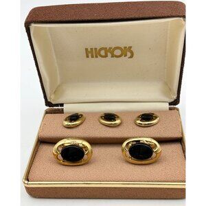 1970s Hickok Tuxedo Cuff Links and Shirt Stud Set-Gold Tone-Onyx-NOS MCM